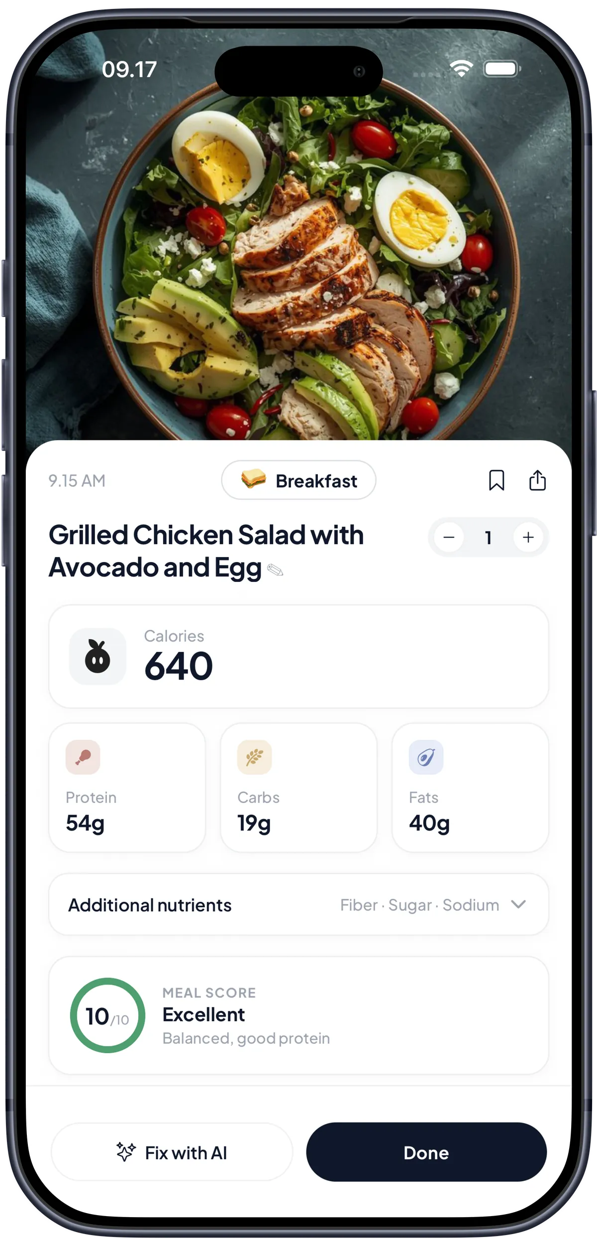 Lorie meal detail: 640 calories with a full macro breakdown