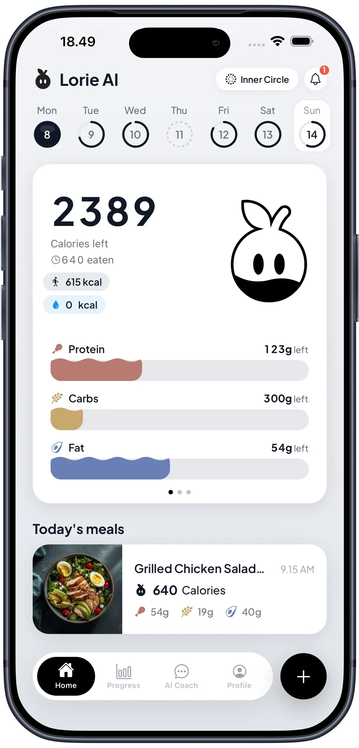 Lorie AI home screen with calories left, macros and today's meals